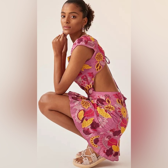 Anthropologie Dresses & Skirts - Anthropologie Maeve Embroidered Mini Dress US Size 2 Beaded Floral Open Back